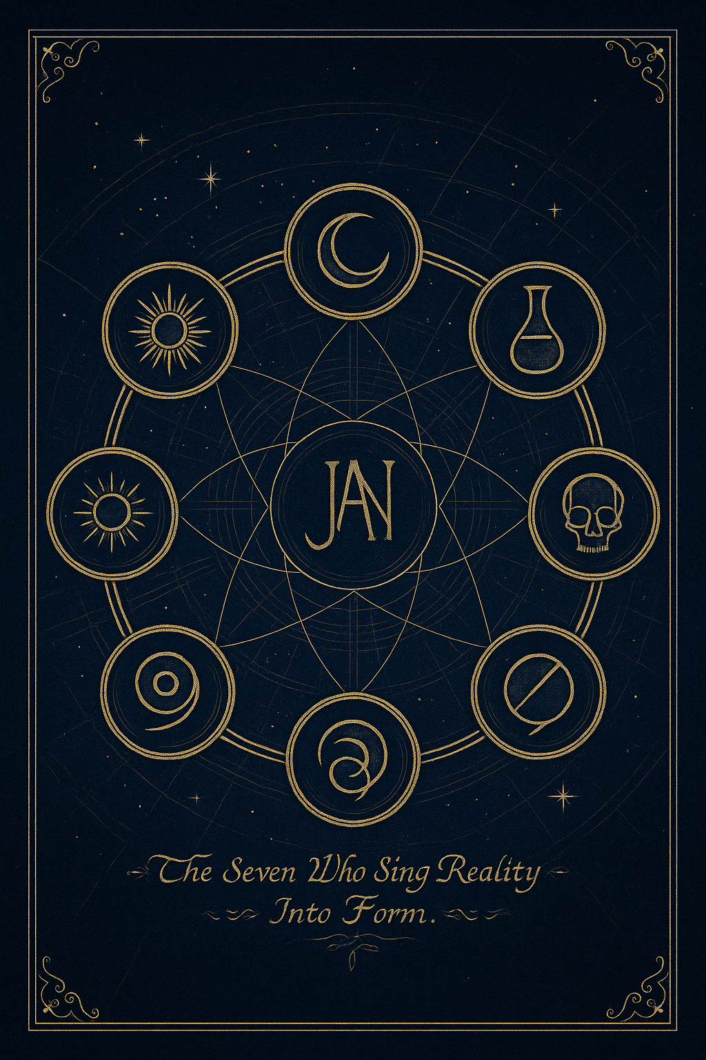The mythology of Janus — seven circular sigils surrounding the central Janus monogram, rendered in gold on midnight